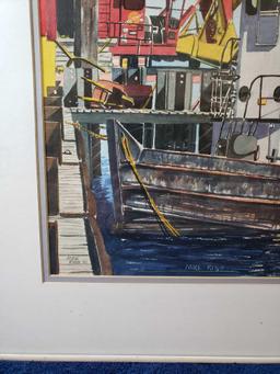 Signed by Mike King in 1991 painting of A Tug Boat at The Dock