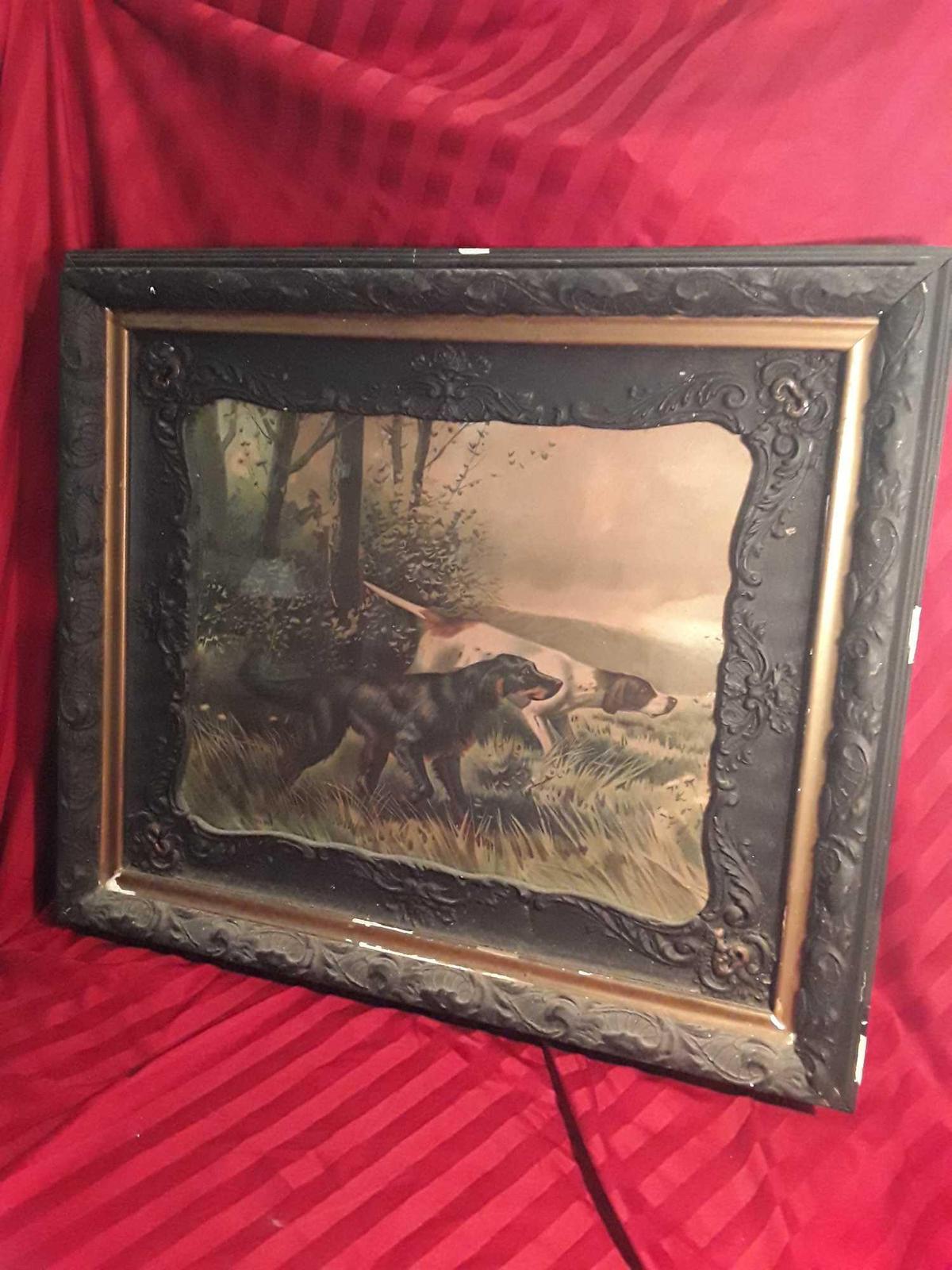 Antique Black Framed Picture of Hunting Dogs,