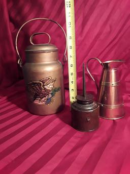 Three (3) Pc Metal Lot: Oil Can, Copper-colored Pitcher, Crock-style Lidded Jug