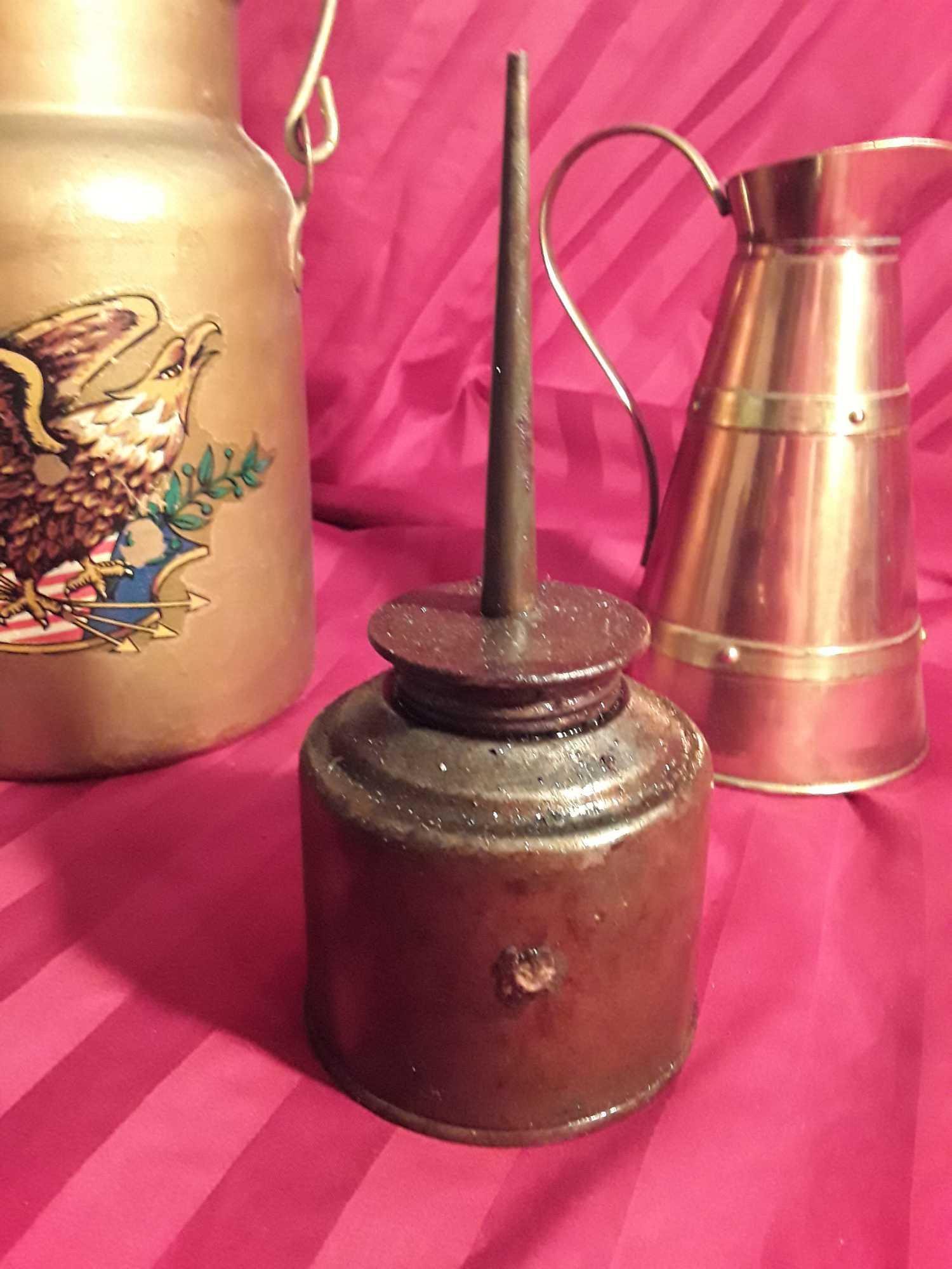 Three (3) Pc Metal Lot: Oil Can, Copper-colored Pitcher, Crock-style Lidded Jug