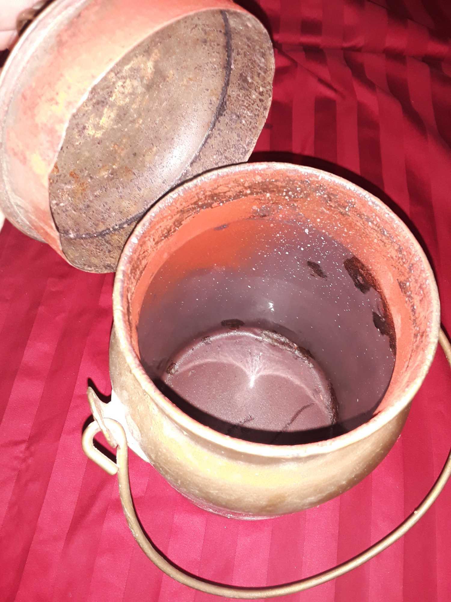 Three (3) Pc Metal Lot: Oil Can, Copper-colored Pitcher, Crock-style Lidded Jug