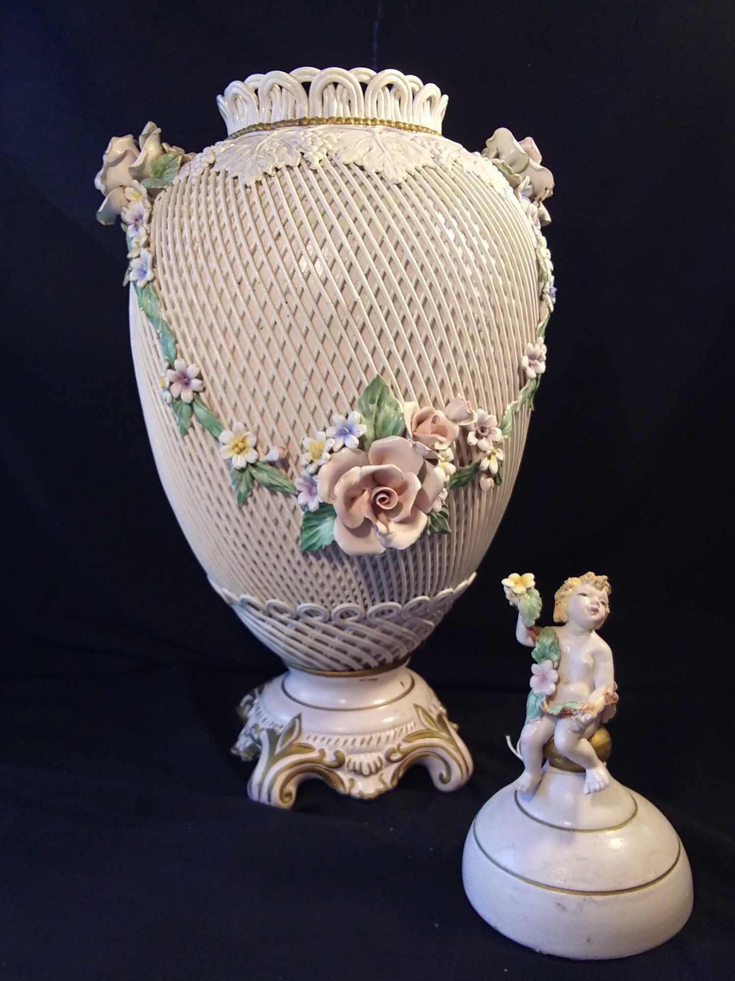 Absolutely Stunning 22" Capodimonte Vase, Delicate Ivory Color with Flowers