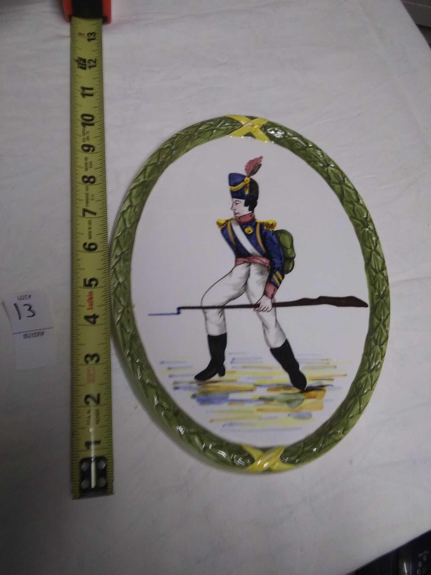 Beautifully painted, stylized soldier in uniform dress, oval, made in Italy