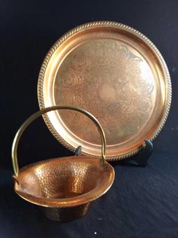 15" Ornate Copper Colored Charger with Hammered Coppr-style Basket