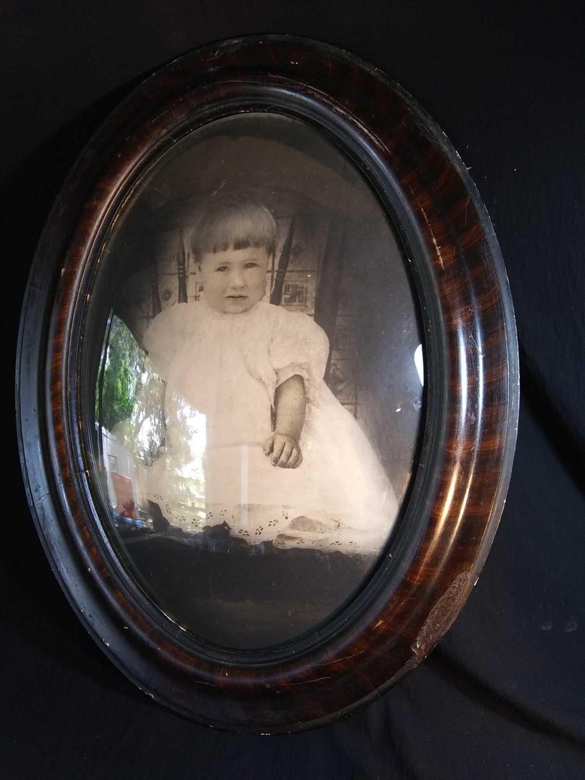 Nice Old Tiger Mahongany Framed, Concave Glass, Infant Portrait