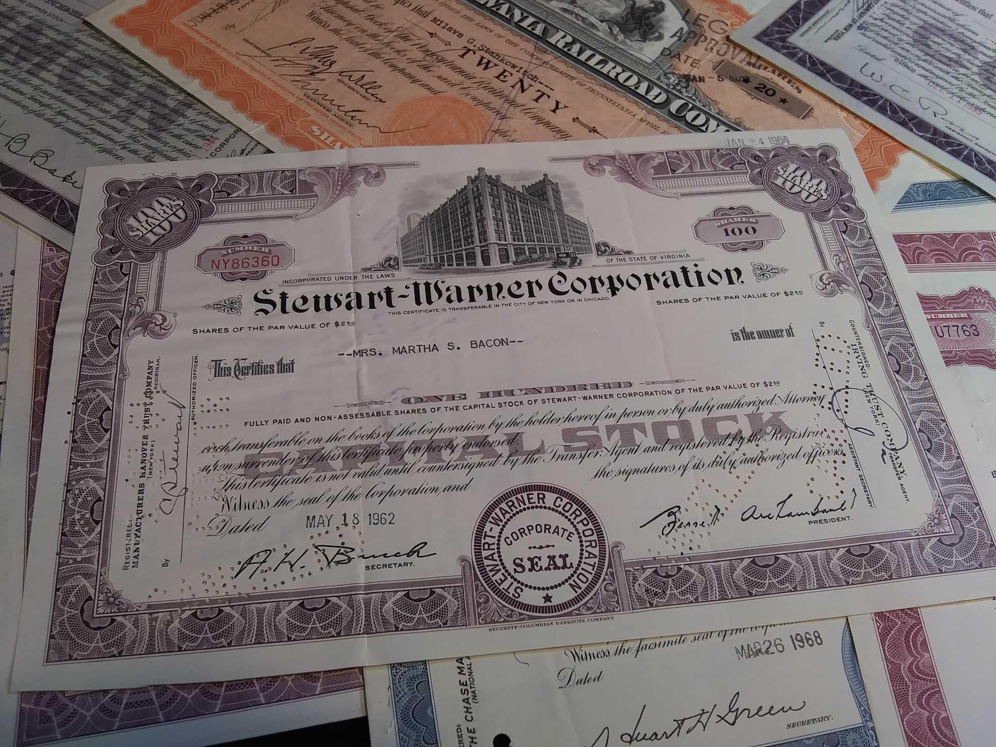 (12) Old Stock Certificates, Mostly 100 Shares