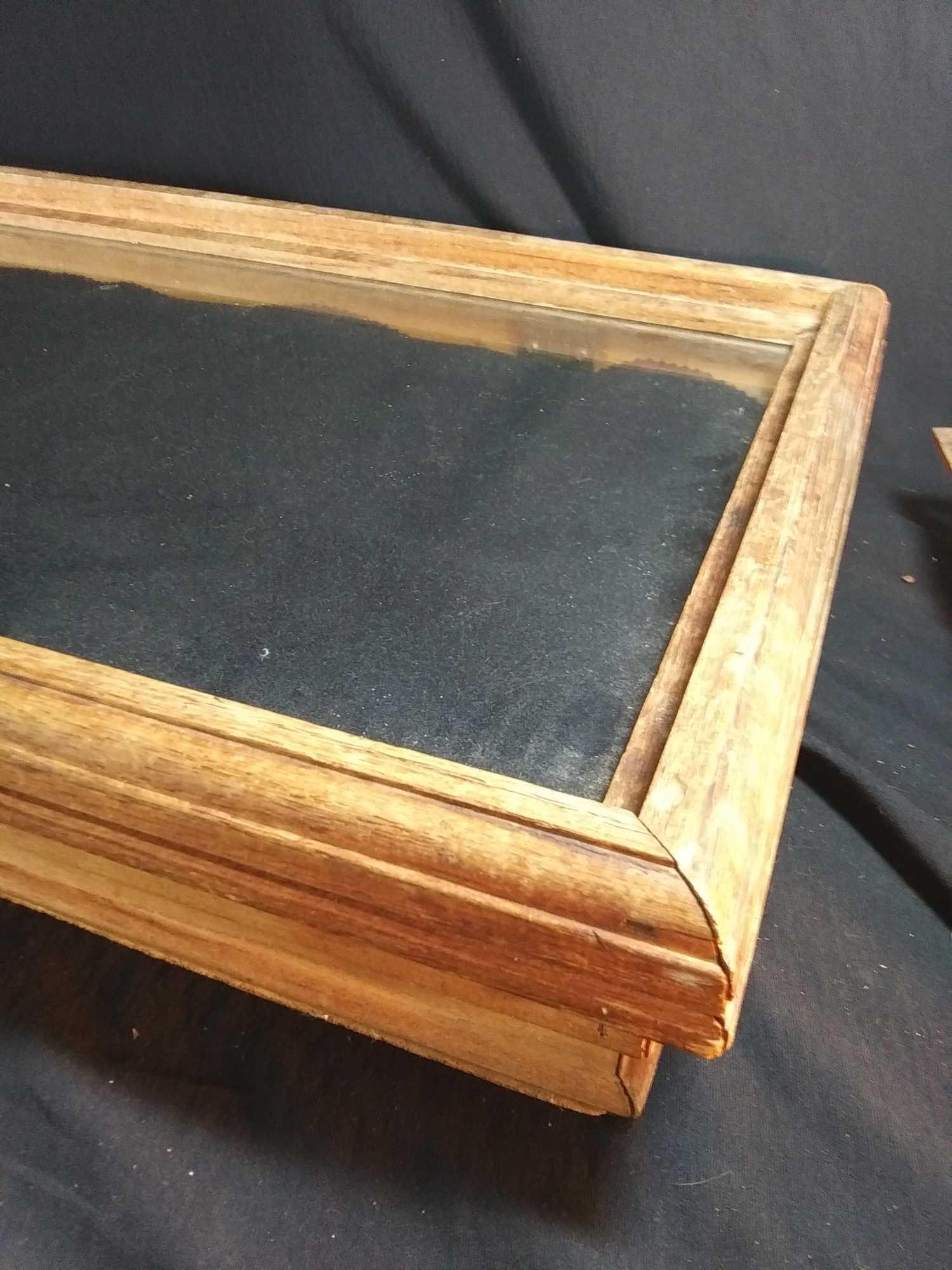 Very Nice Rustic Shallow Wood Frame Glass Top Hinged Display Case