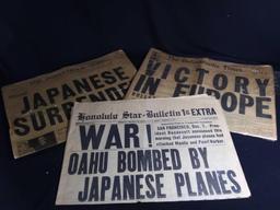 SHOCKING (1) 1941 (2) 1945 WORLD WAR II HEADLINE NEWSPAPERS
