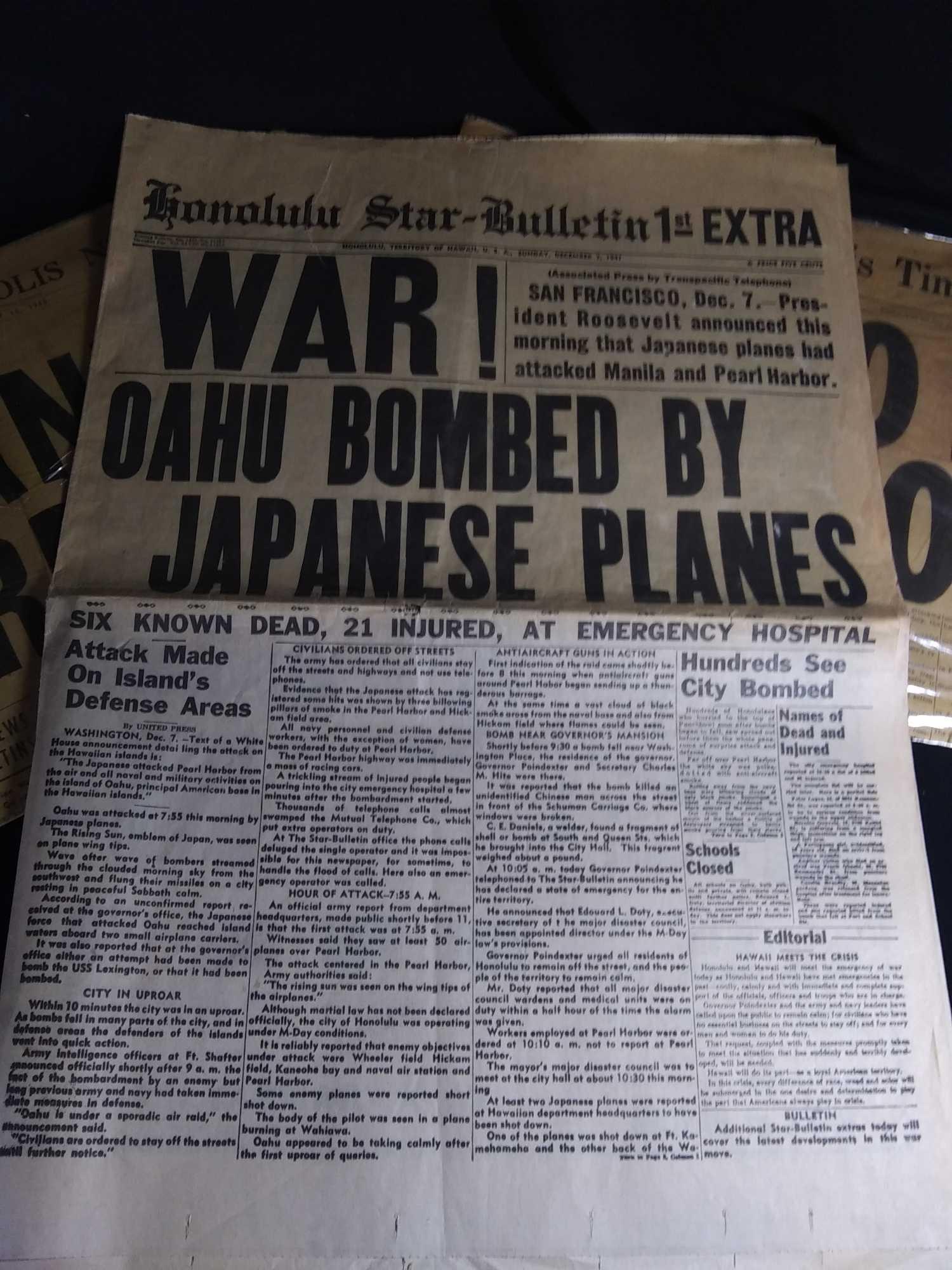 SHOCKING (1) 1941 (2) 1945 WORLD WAR II HEADLINE NEWSPAPERS