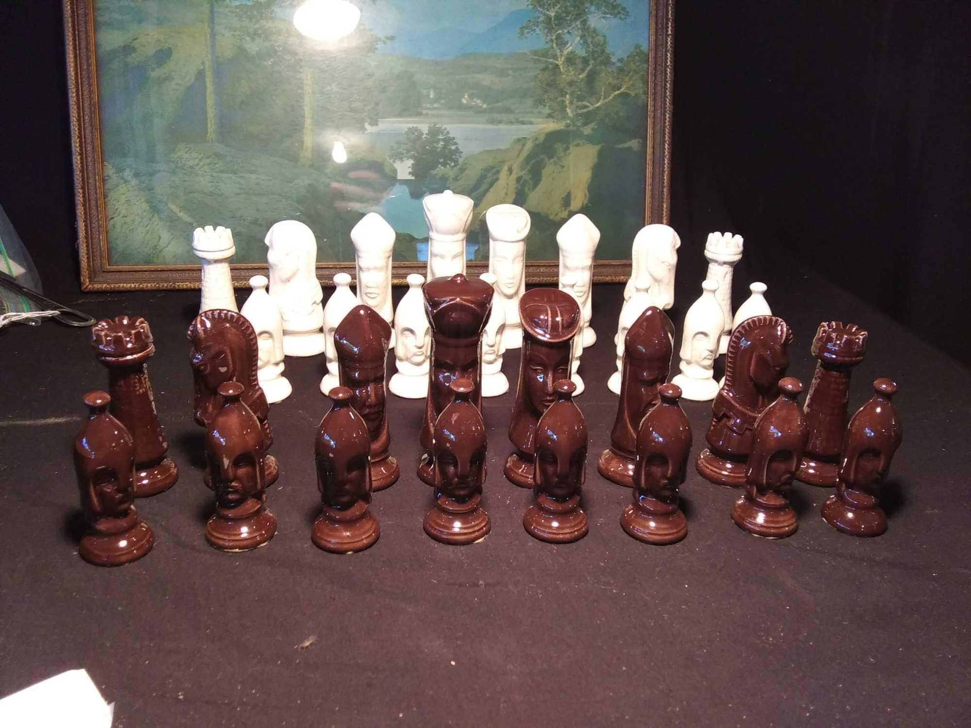 Chess Pieces Medieval Gothic 32 Pc Set Plaster Ceramic Vtg