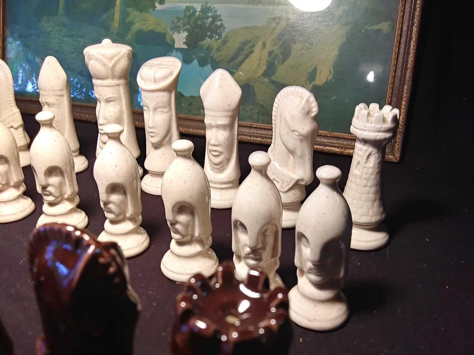 Chess Pieces Medieval Gothic 32 Pc Set Plaster Ceramic Vtg