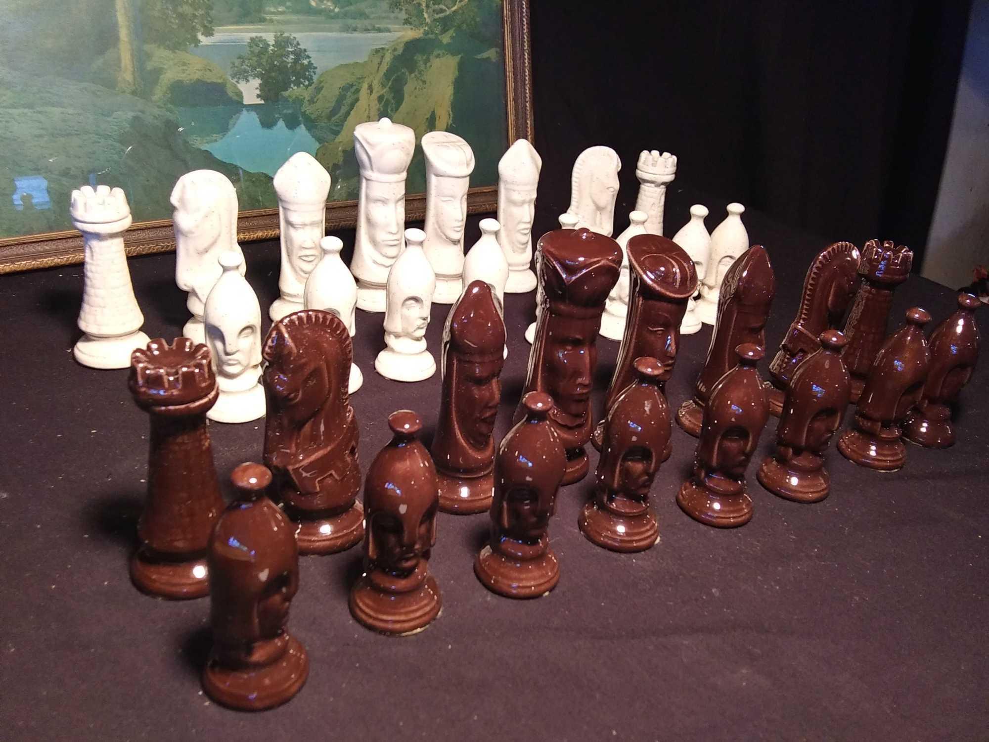 Chess Pieces Medieval Gothic 32 Pc Set Plaster Ceramic Vtg