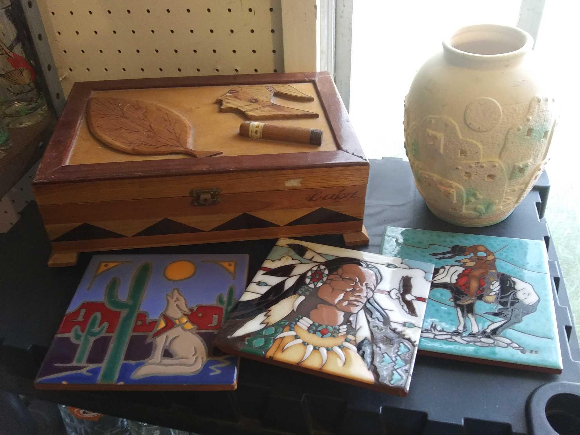 (5) Items Native American Vase, 3 Tiles, Cigar Box