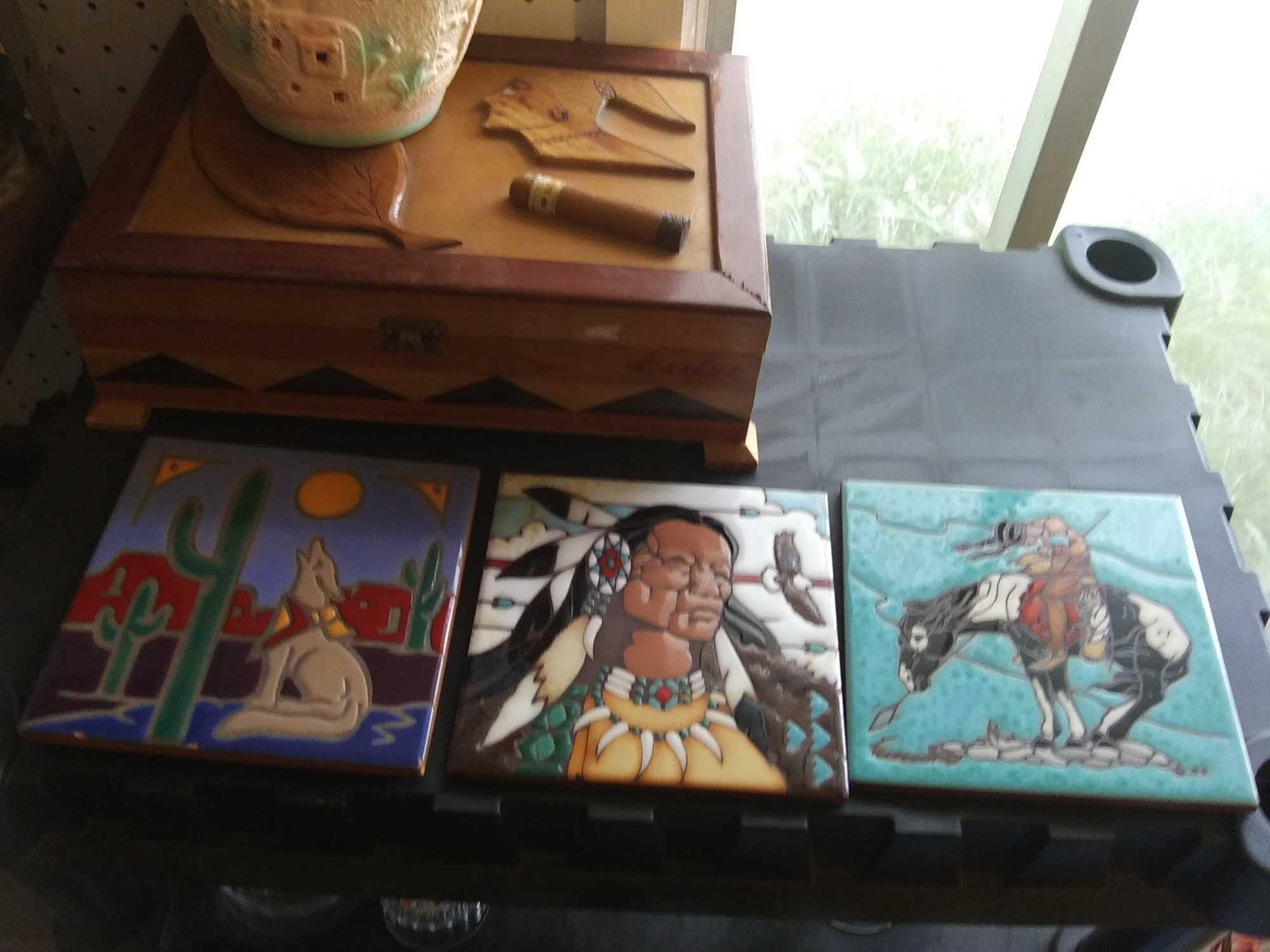 (5) Items Native American Vase, 3 Tiles, Cigar Box