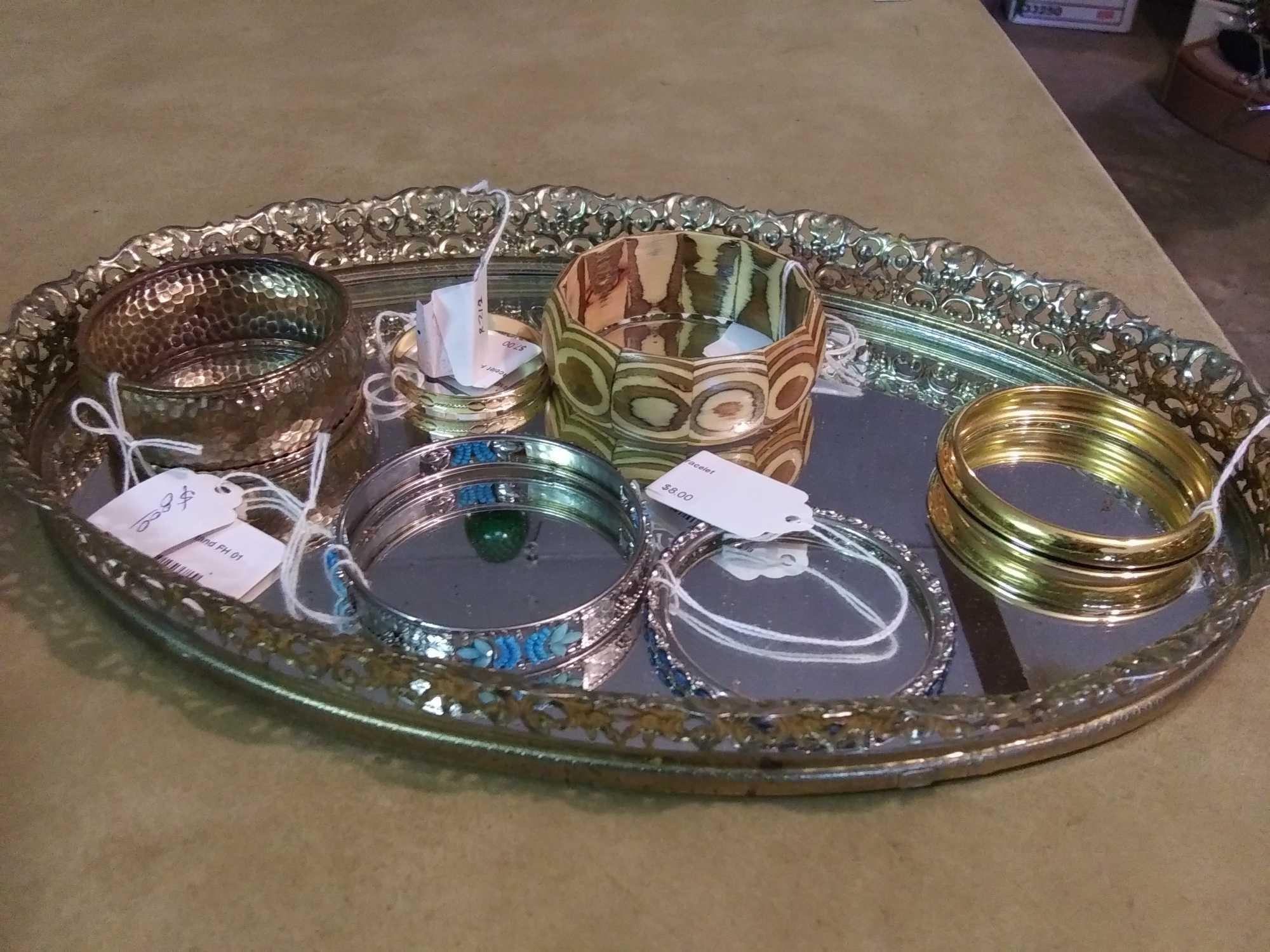 Mirrored Tray with (6) Vintage Bangles/ Bracelets