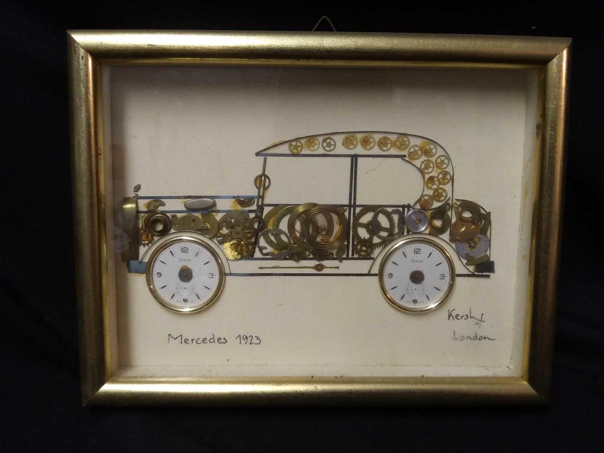 1923 Mercedes Kersh of London, signed certificate, horological collage