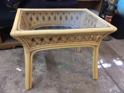 Glass top, lightweight rectangular wicker woven style side table, made in Philippines