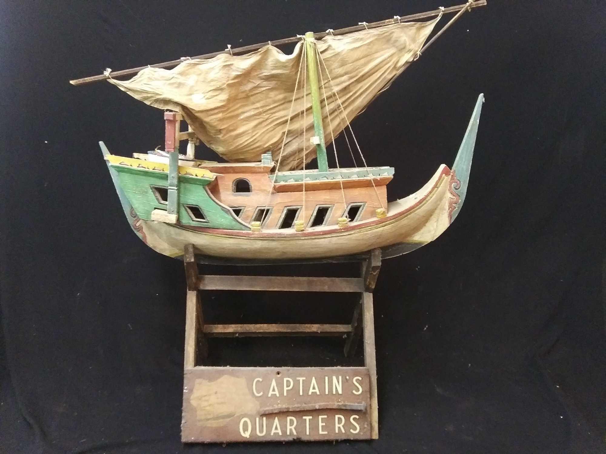 Very Nice Wooden Replica Boat on Wood Stand