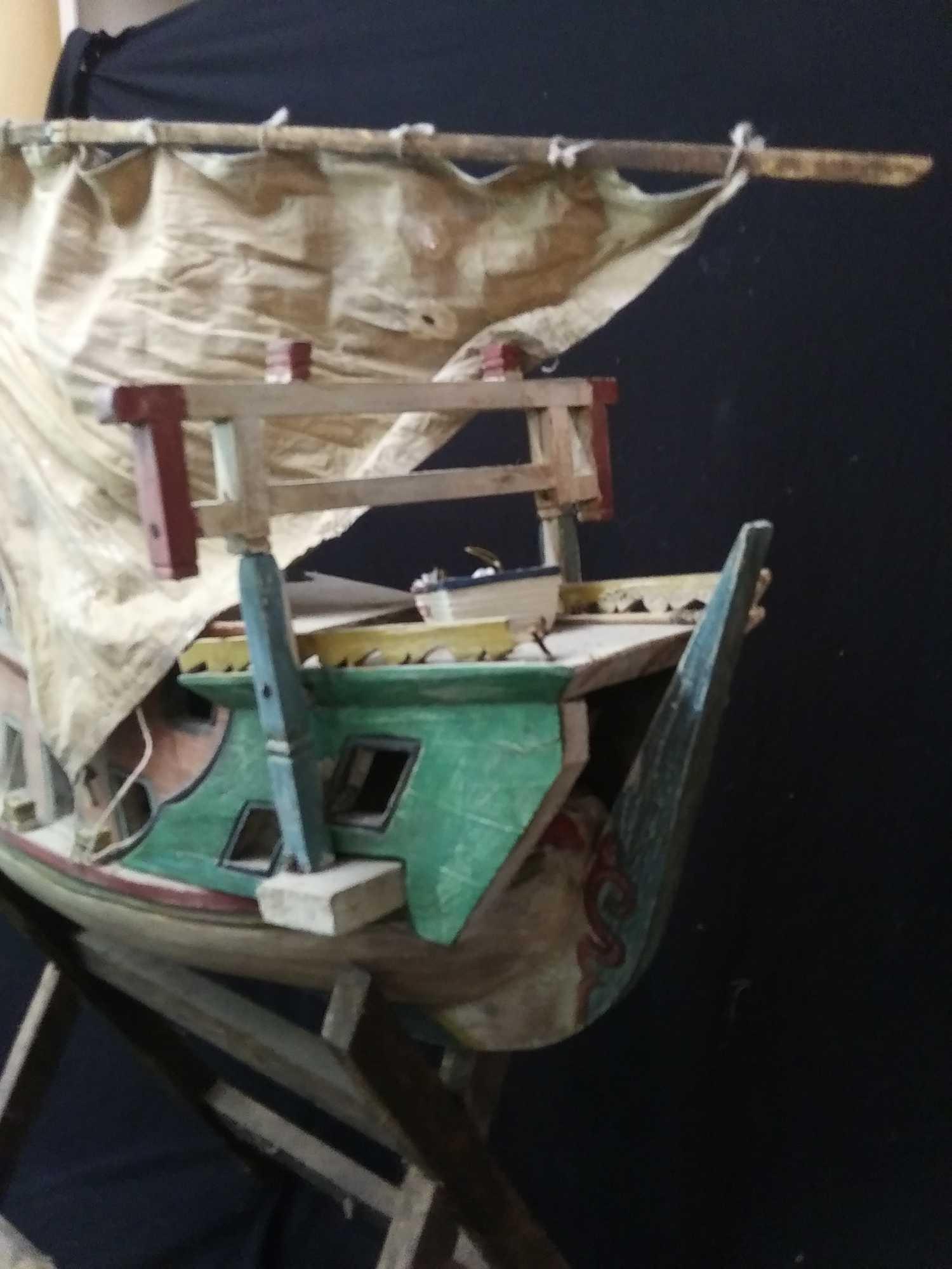 Very Nice Wooden Replica Boat on Wood Stand