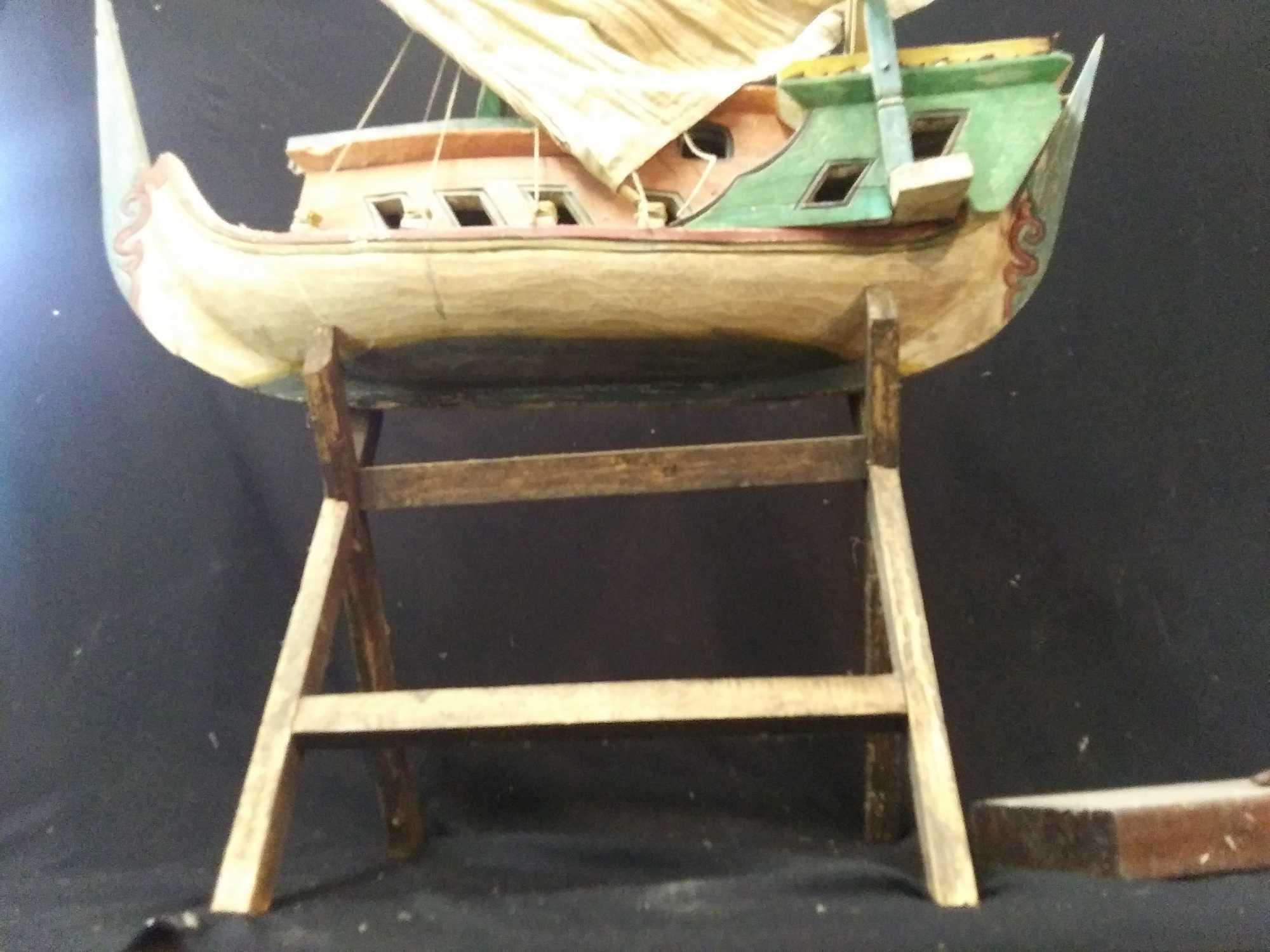 Very Nice Wooden Replica Boat on Wood Stand