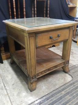 Very strong wooden side table with drawer and removable glass top