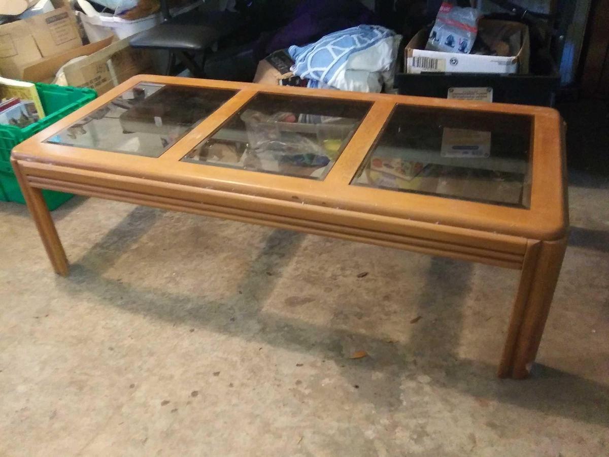 Light wood triple glass window coffee table