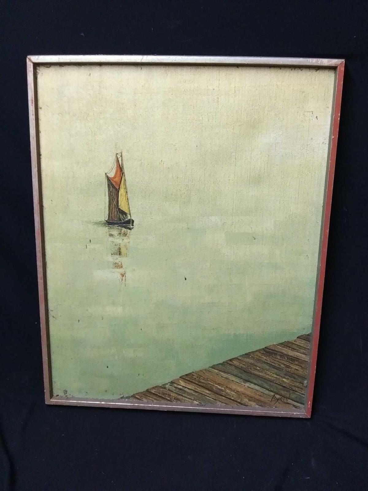 Small sailboat on calm water, painting signed Byron