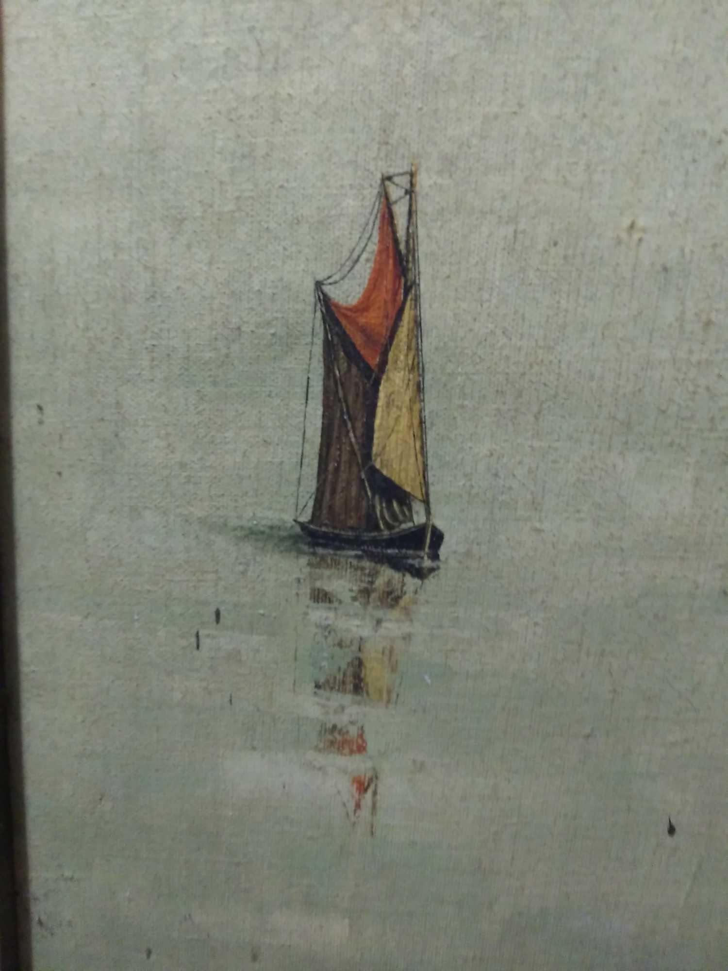 Small sailboat on calm water, painting signed Byron