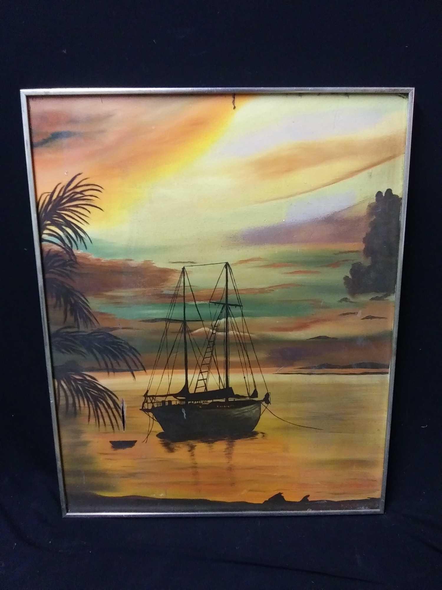 Medium Sized Gold Framed, Boat Scene, Reproduction Signed