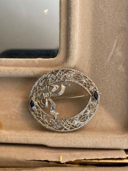 Beautiful 14k White Gold Ornate Brooch with Accent Stones