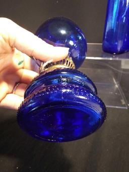 Pair of Beautiful Cobalt Blue: Petite Oil Lamp and Bottle