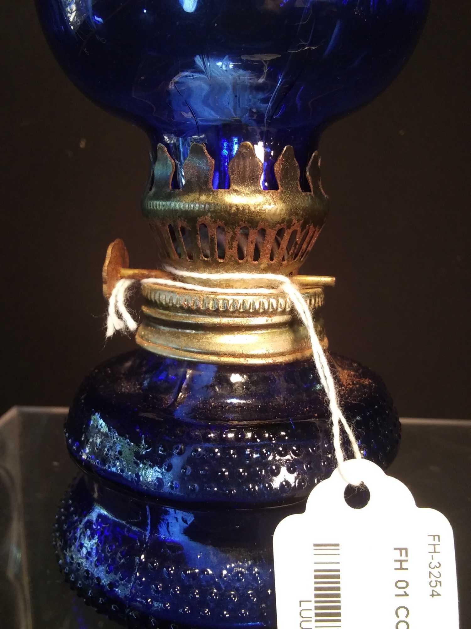 Pair of Beautiful Cobalt Blue: Petite Oil Lamp and Bottle