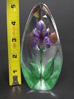 SIGNED MATS JONASSON Sweden Iris Flower Art Cut Glass Paperweight