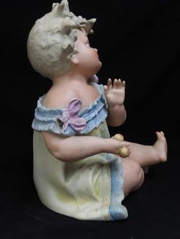 LARGE 13.5" GERMAN? BISQUE PIANO BABY DOLL FIGURE W/ FRUIT