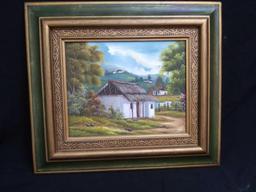 15" x 14" Lovely Framed Oil Painting, Whitewashed Cottage by Montains