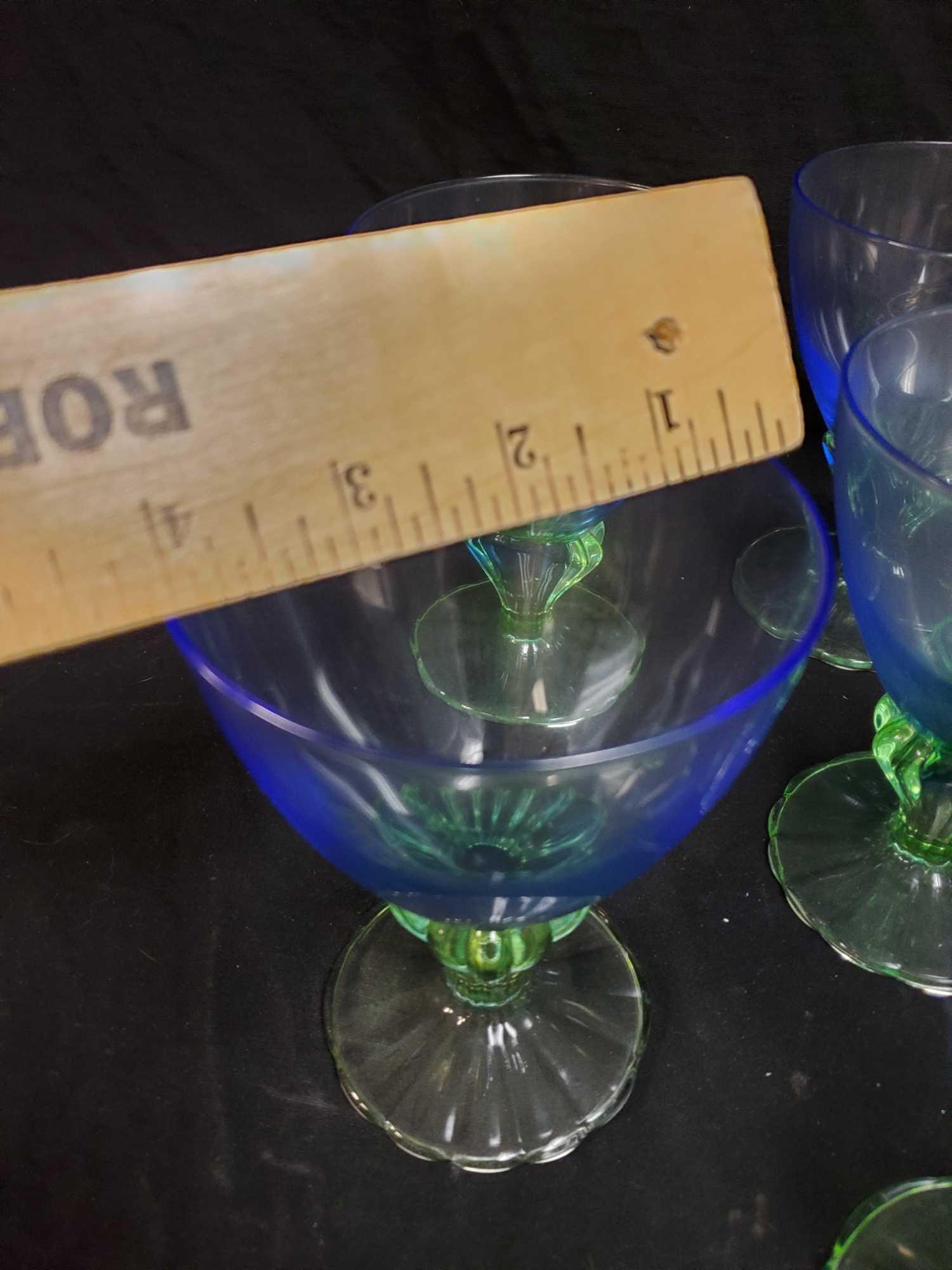 6 plus 1 ART NOUVEAU Blue and Green Goblets