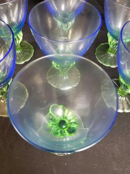 6 plus 1 ART NOUVEAU Blue and Green Goblets