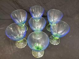 6 plus 1 ART NOUVEAU Blue and Green Goblets