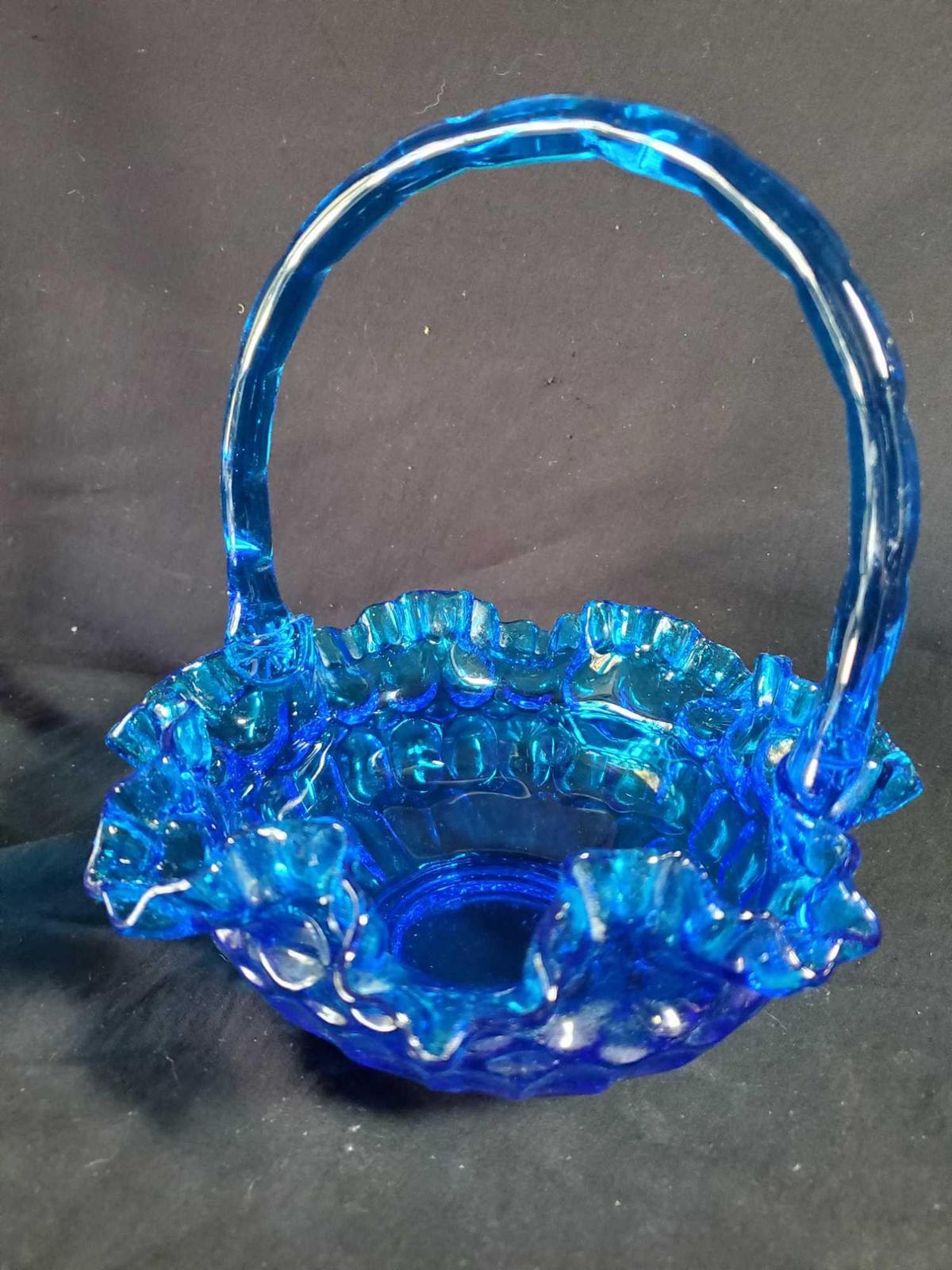 Vintage Fenton style Cobalt Blue Thumbprint Ruffled Edge Basket