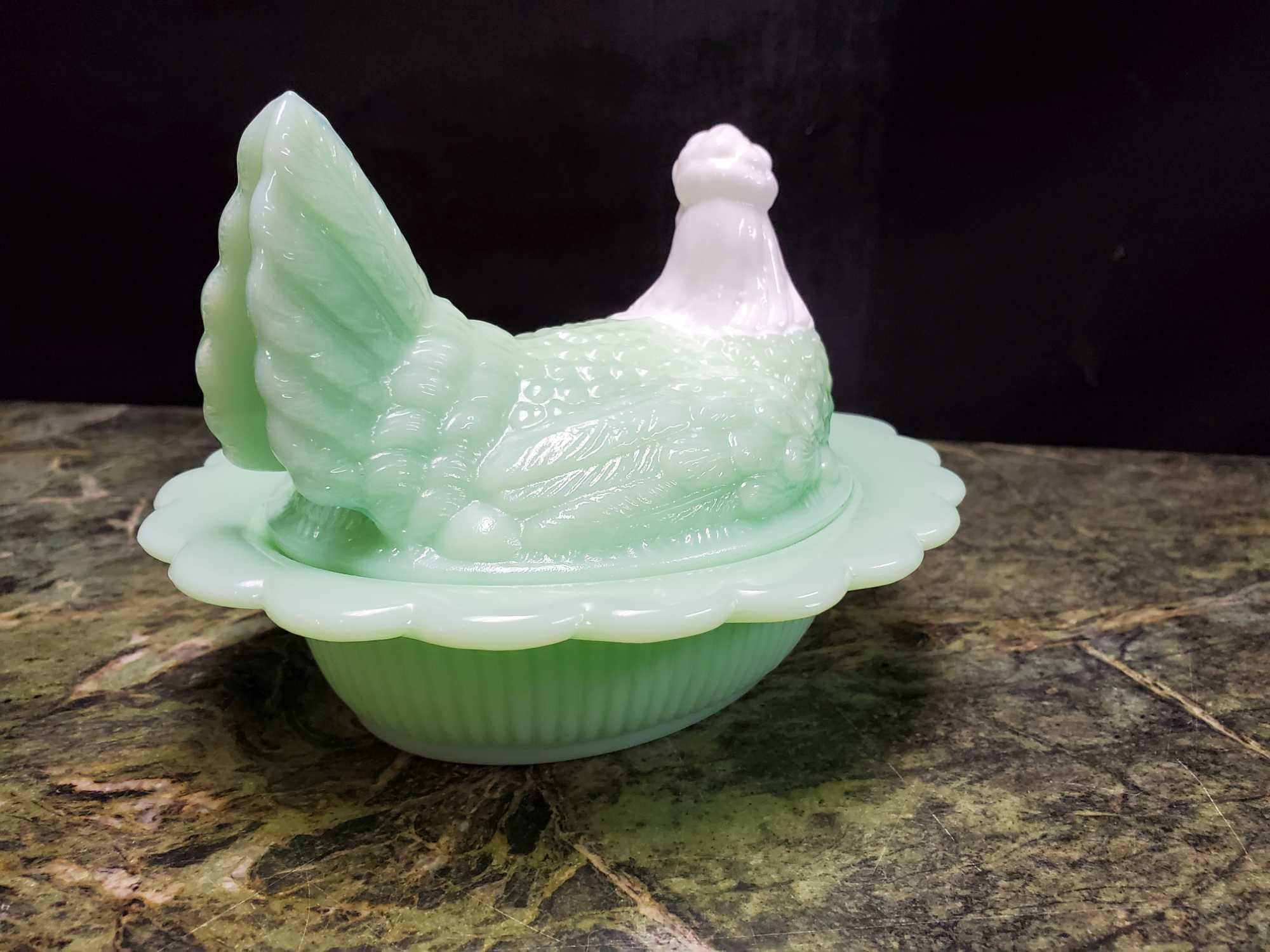 Mosser Jadeite Hen On a Nest 2 Pc