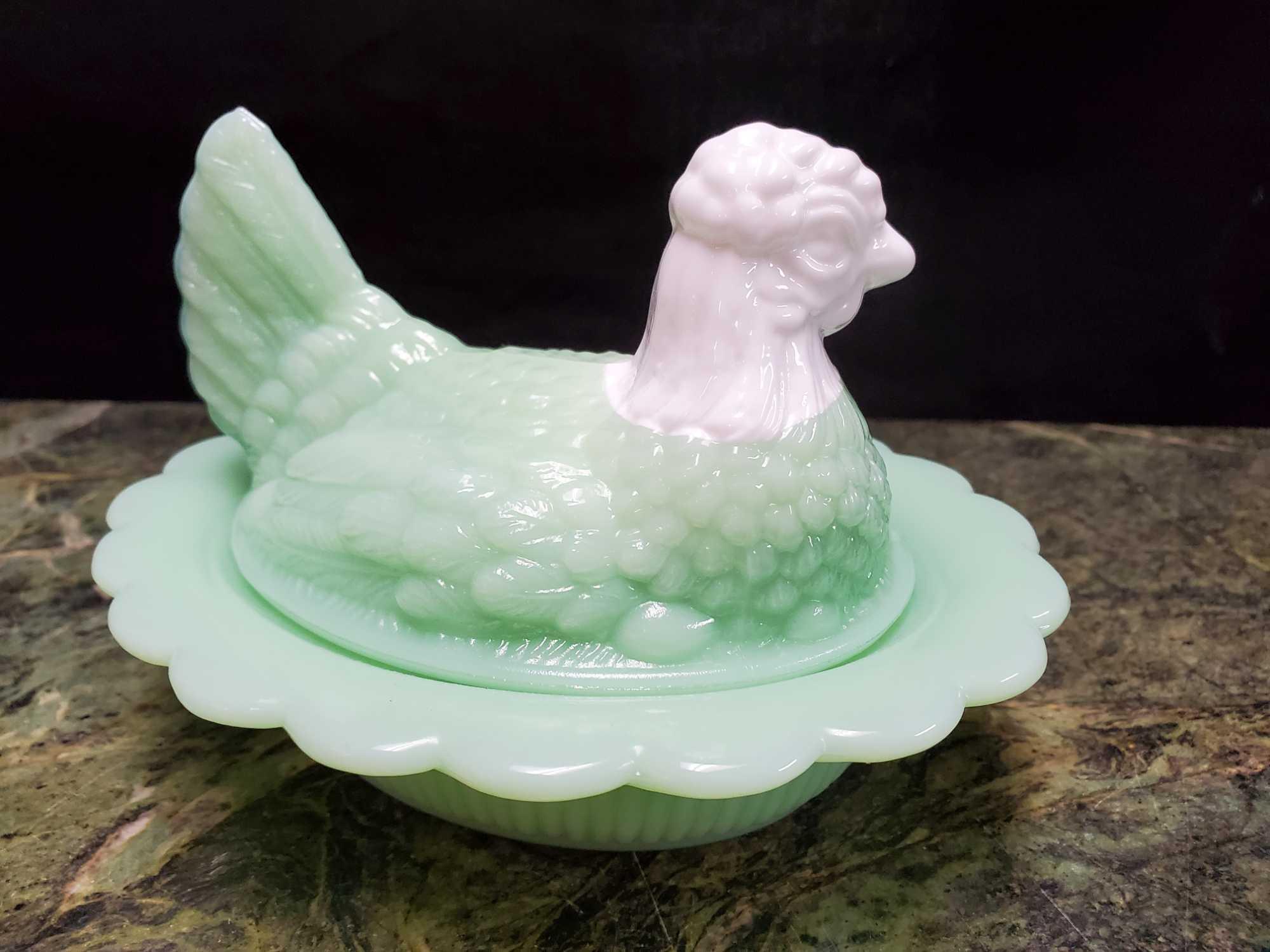 Mosser Jadeite Hen On a Nest 2 Pc