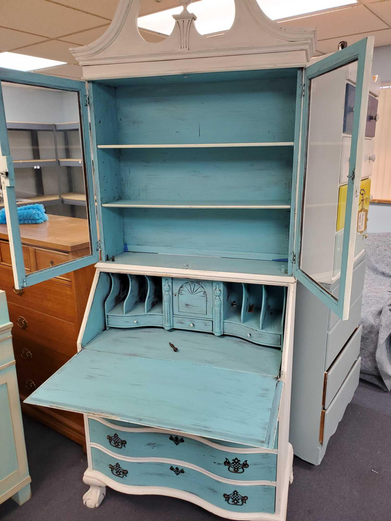 Adorable Claw Foot Secretary Desk/Cabinet, blue and White, with Key