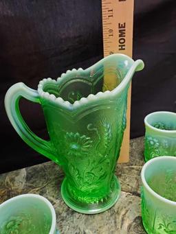 5 Pc Vintage ALIG Imperial Glass Co. Green Opalescent Tumblers and Pitcher RARE