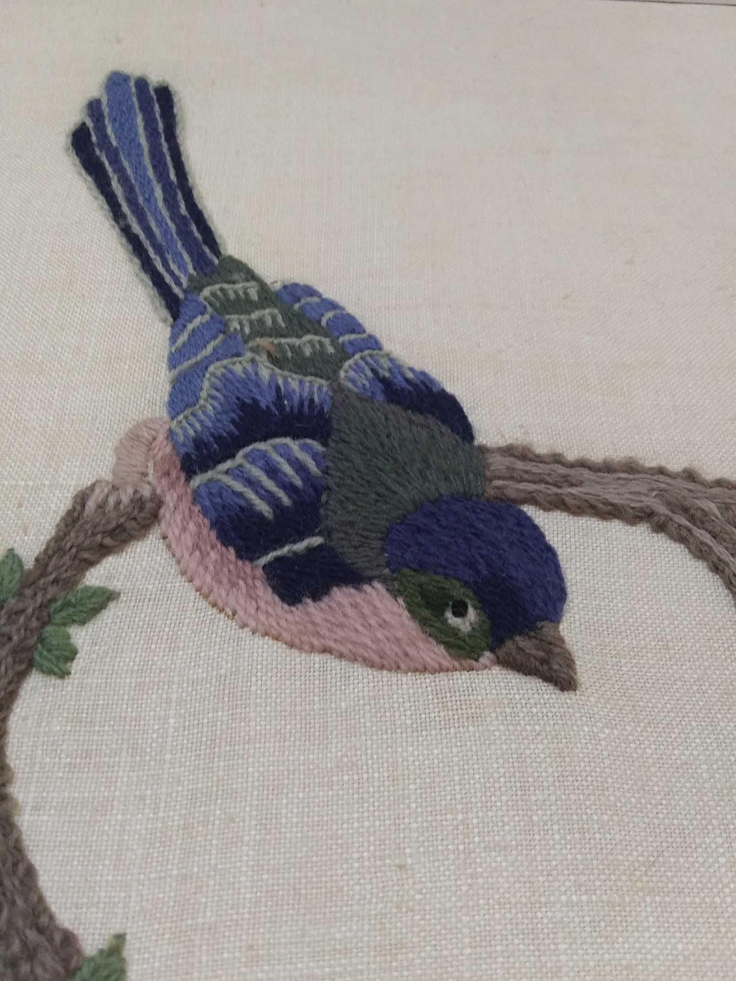 Beautiful, Framed CREWEL embroidered Bird on a Blossom limb