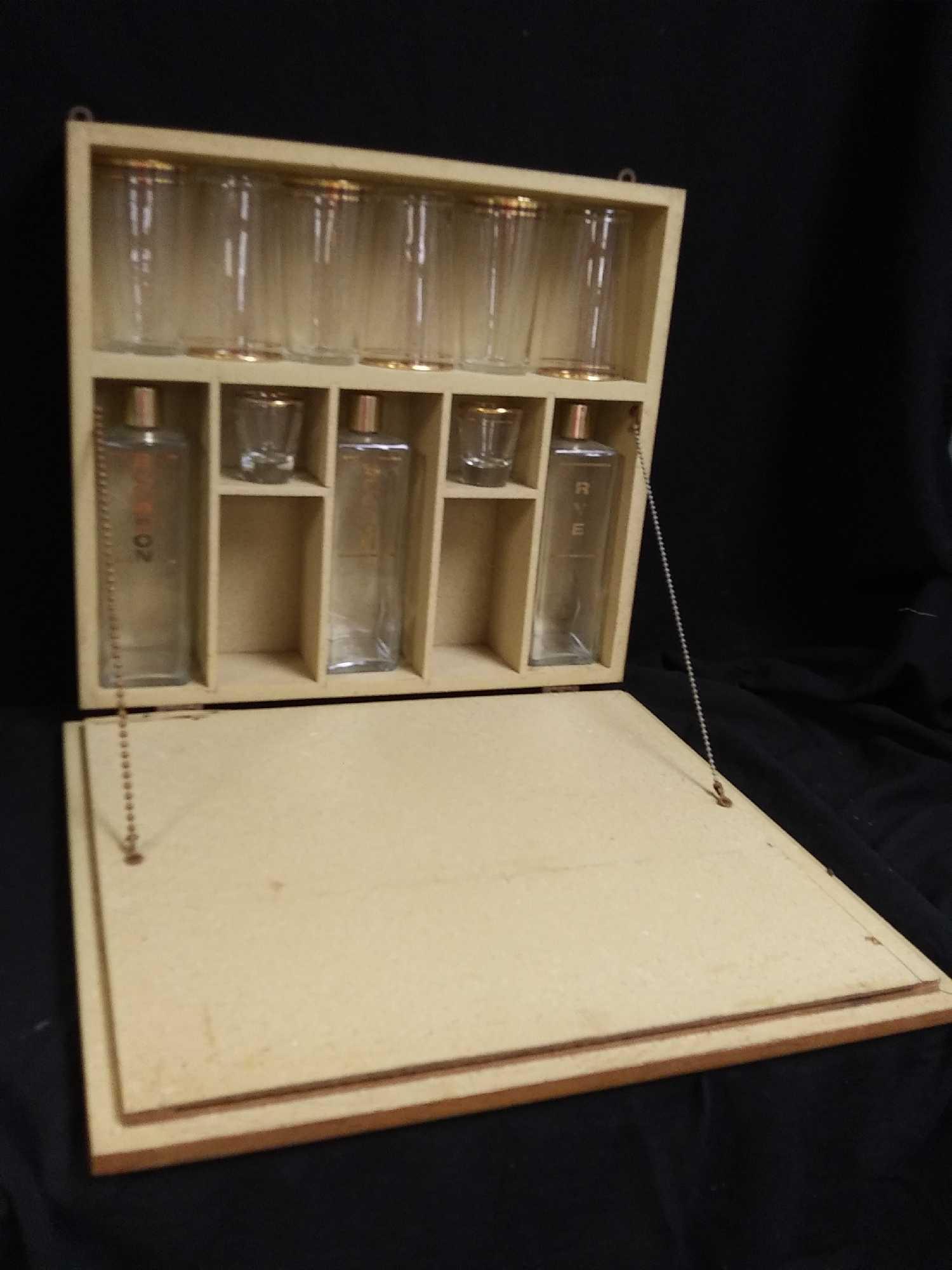 Go Anywhere Wall Mounted Liquor Cabinet/Bar with Labeled Bottles and Matching Glasses