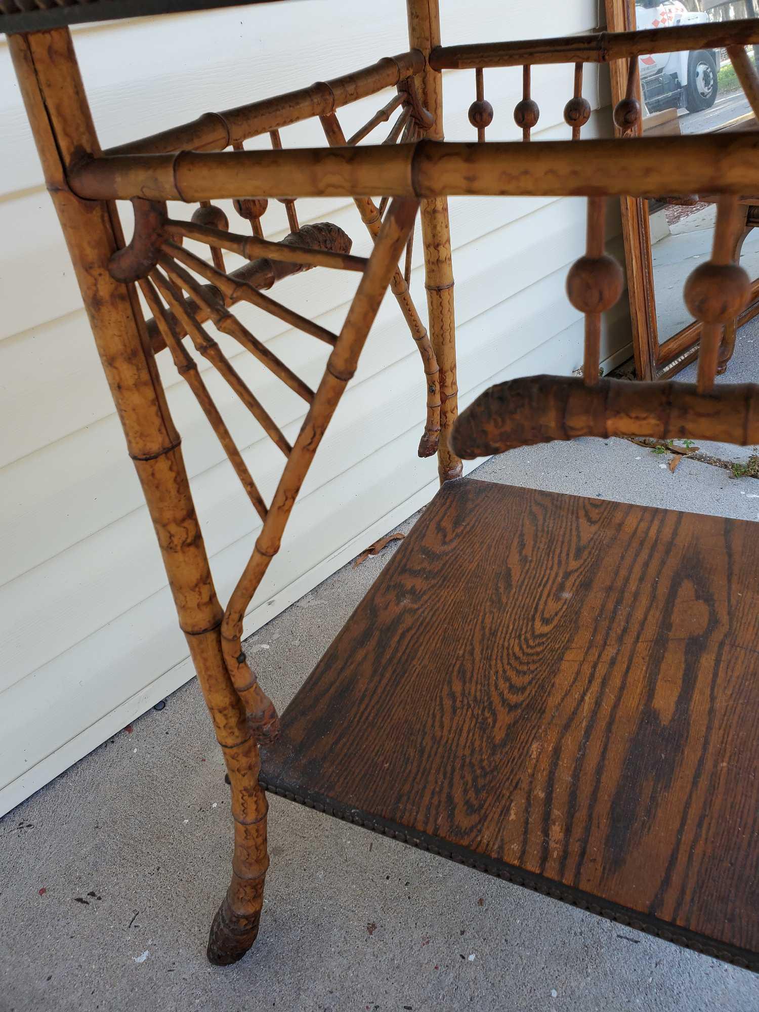 Fascinating Antique Authentic BAMBOO and Tiger Oak side table, 2 tier