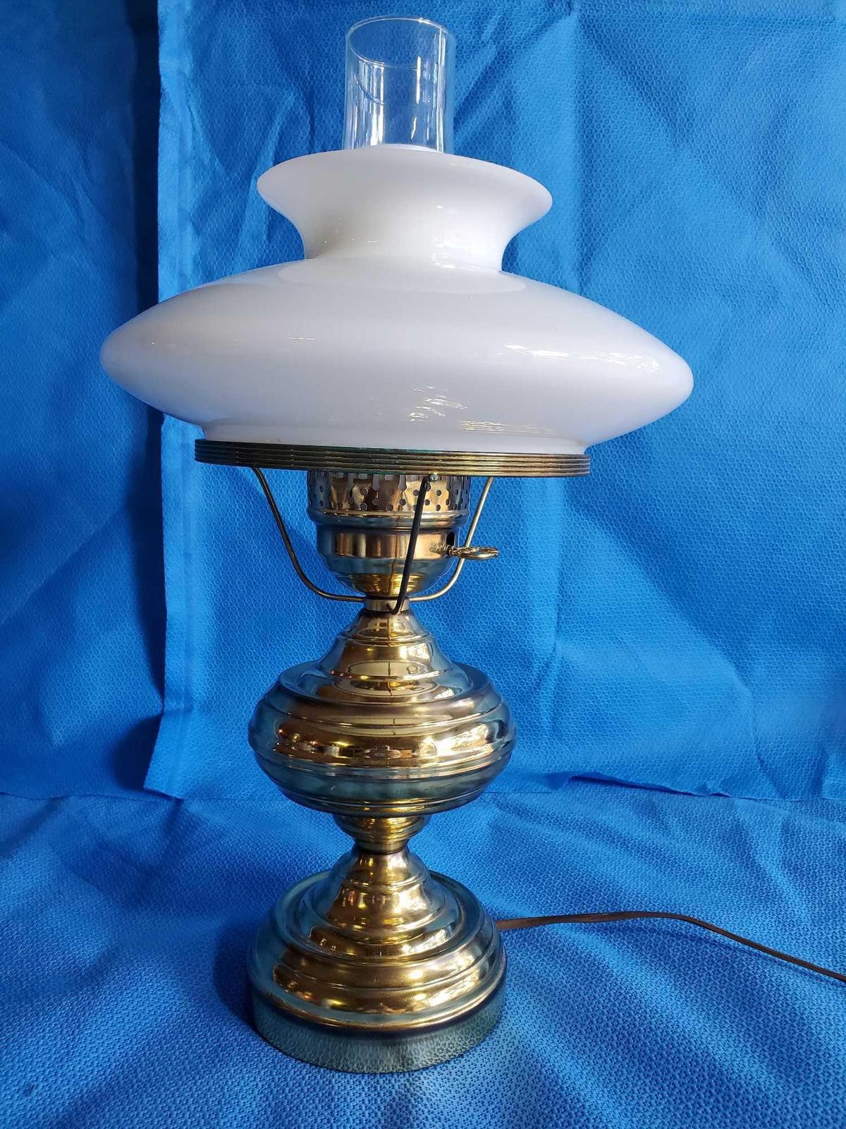 1 (of 2) vintage HURRICANE Lamp, Brass and Milk Glass shade