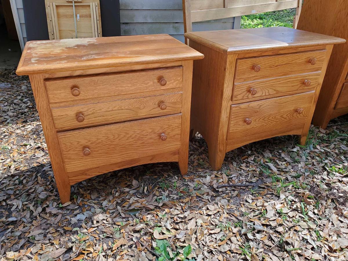 pair of Oak Finish Wood Nightstands