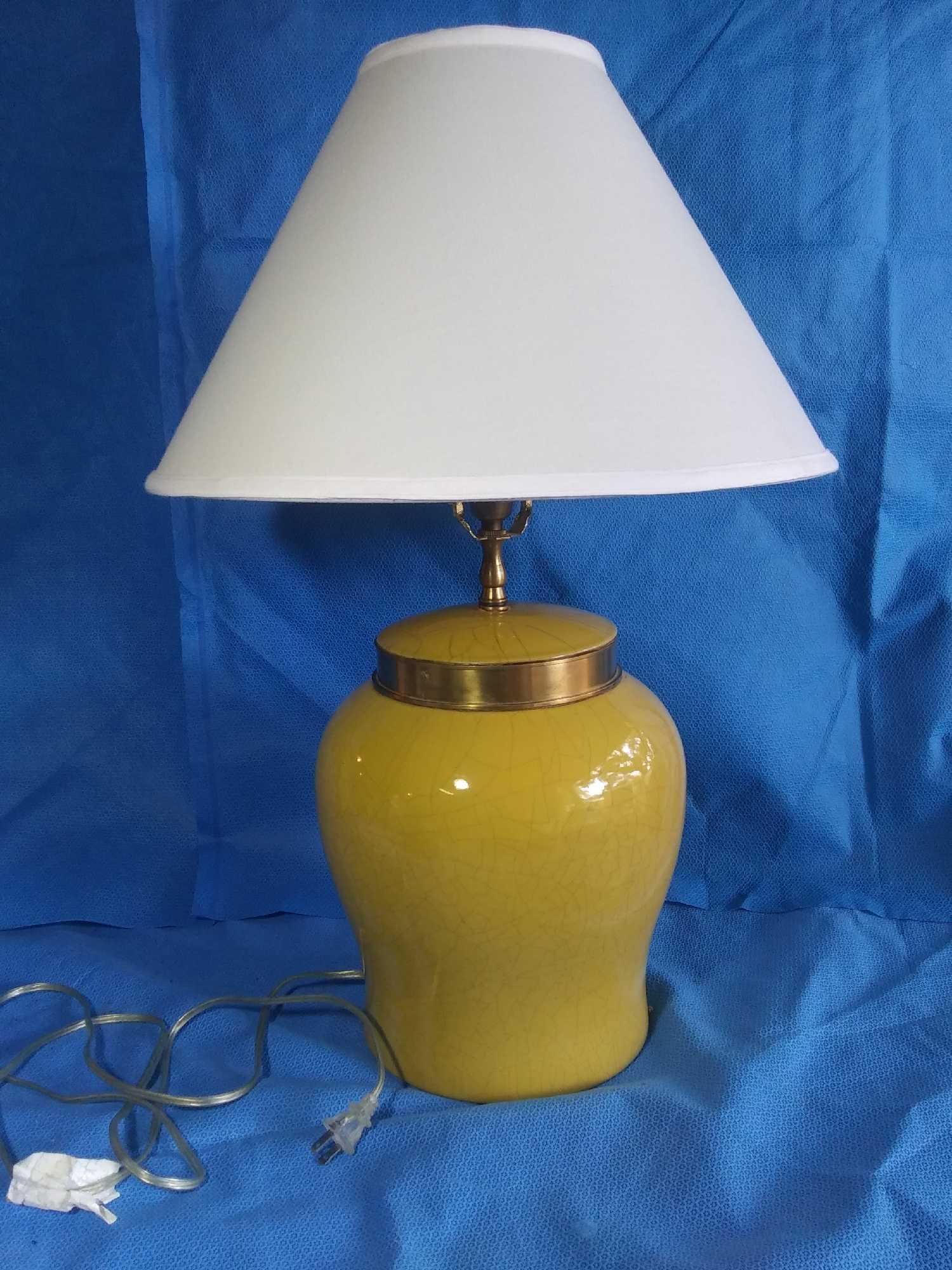 1 (of 2) Cute Vintage Yellow with Gold Band Squat Table Lamp