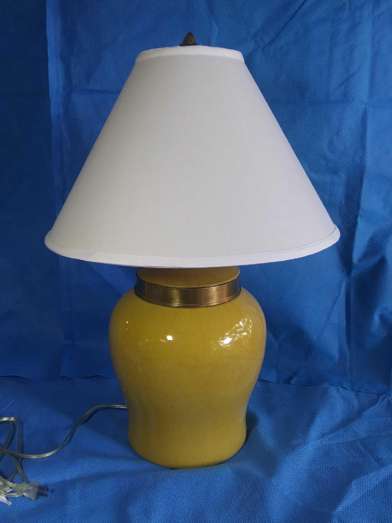 1 (of 2) Cute Vintage Yellow with Gold Band Squat Table Lamp